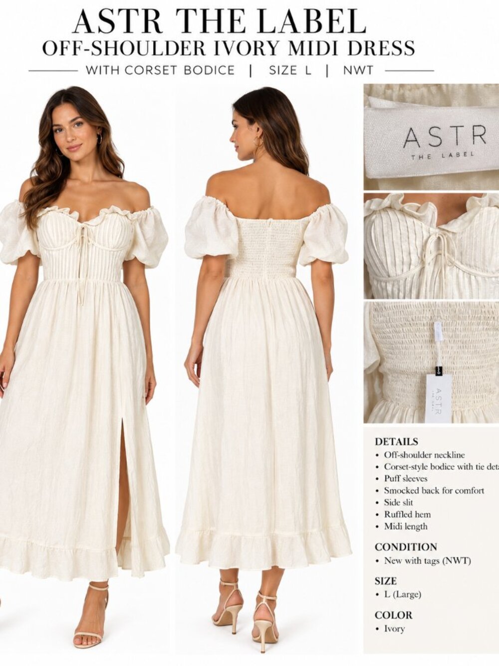 ASTR THE LABEL IVORY OFF-SHOULDER CORSET MAXI DRESS SIZE L NWT